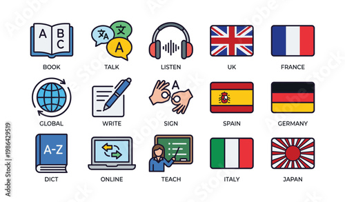 Language learning icons with flags and tools for communication education