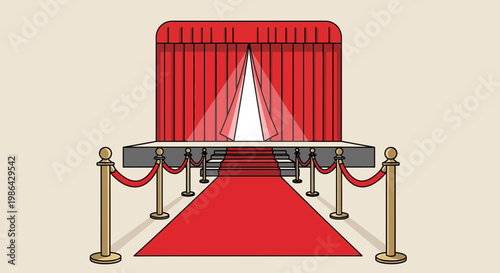 Red Carpet Entrance with Stage and Curtains Opening
