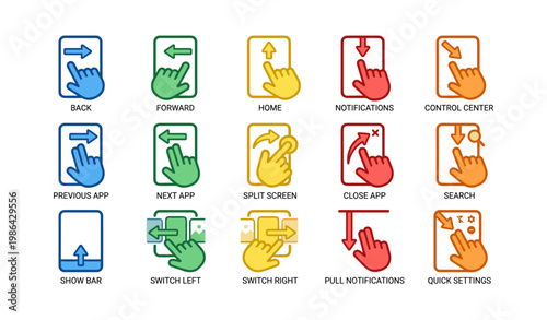 Colorful hand gesture icons for smartphone navigation functions