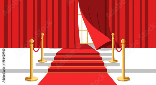 Red Carpet Entrance with Velvet Ropes and Curtains