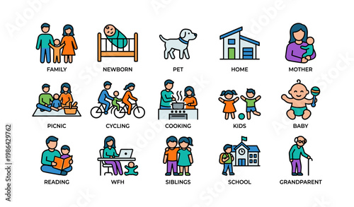 Diverse family life illustrated: activities with children, pets, and school