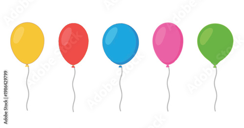 Five Colorful Balloons With Strings On White Background