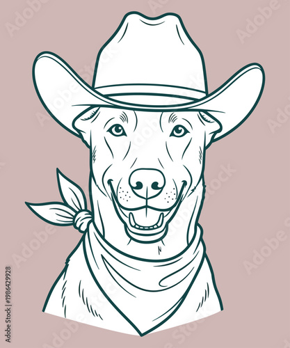 Happy dog wearing a cowboy hat and bandana smiling cheerfully