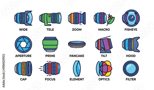 Colorful icon set of different camera lenses and accessories with labels