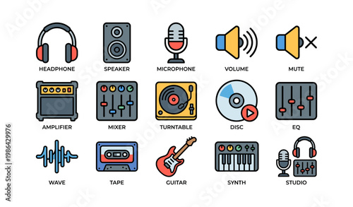 Audio equipment icons: headphones, speaker, microphone, guitar, synthesizer, mixer, amplifier