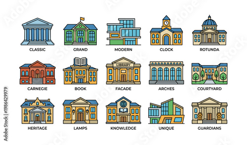 Icon set of classic and modern library buildings with architectural features