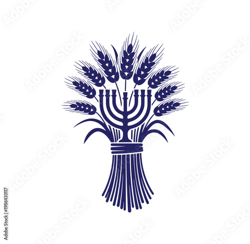 Blue illustration of wheat sheaf with menorah in center on white background
