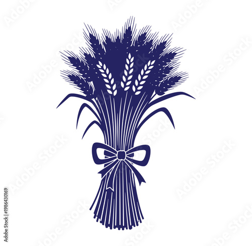 Bouquet of wheat ears tied with a ribbon on white background
