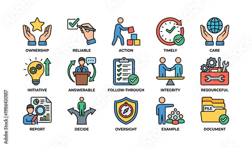 Business success icons: ownership, reliability, action, timeliness, integrity