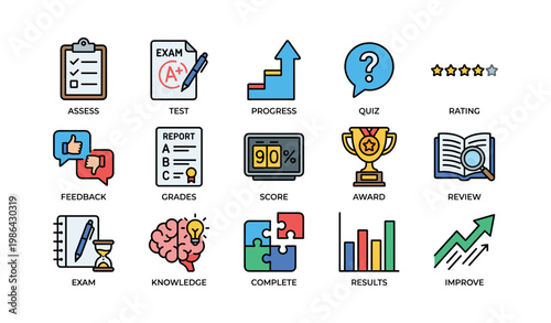 Educational icons set: progress, test, quiz, award, knowledge, feedback, score, results