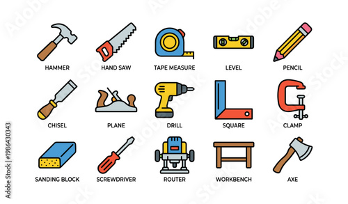 Colorful icons of essential carpentry tools including hammer, saw, drill, tape measure, and more