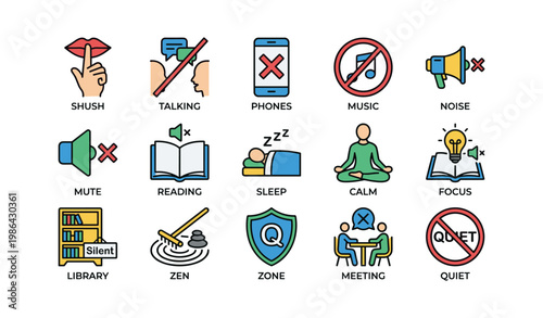 Icons illustrating quiet spaces and activities for focus and calm
