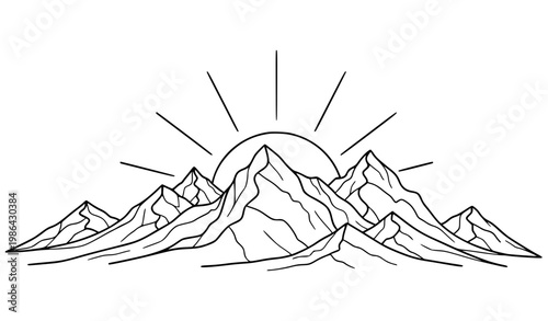 Mountain landscape sunrise black and white vector illustration with sun behind peaks minimal line design