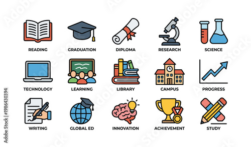 Educational icons set featuring graduation, science, writing, innovation, and achievement