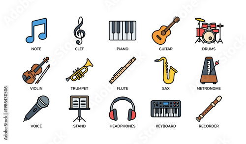 Musical instrument icons with violin guitar piano drums and more