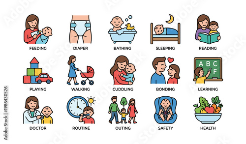Parenting and childcare activities: feeding, diapering, bathing, sleeping, reading, and more