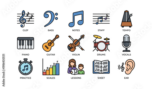 Colorful music icon set: instruments, notes, and musical elements