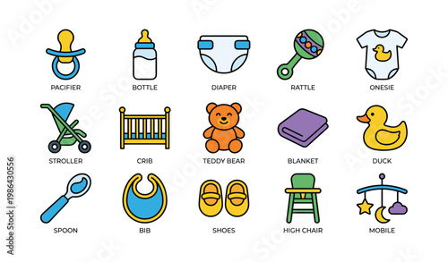 Colorful baby essentials icons including pacifier, bottle, diaper, rattle, onesie, and more