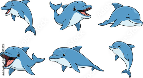 Cute dolphin cartoon vector set with smiling swimming sea mammals in different poses, ocean animal characters for kids stickers and marine designs