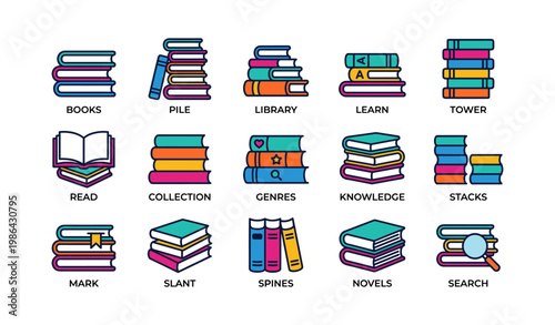 Colorful book icons illustrating reading, library, and education themes