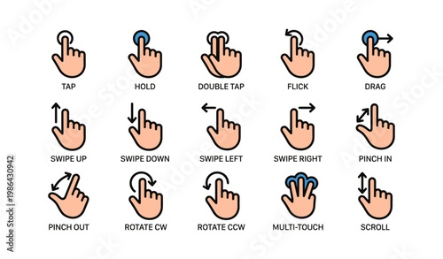Set of hand gestures for touchscreen devices with various actions and directions