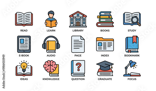 Illustrated icons of reading, learning, and education with books and study materials