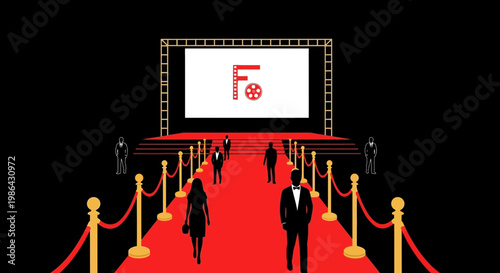 Red Carpet Premiere Event with Film Screen and Silhouettes of Celebrities
