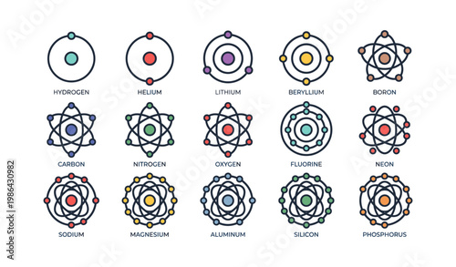 Colorful atomic structure diagrams of 15 chemical elements representing atomic models