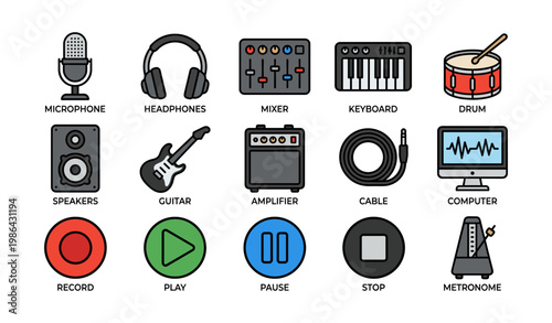 Collection of music equipment icons featuring microphone, headphones, mixer, and instruments