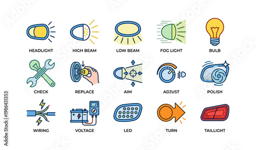 Car light maintenance icons: headlight, beam, fog, bulb, adjust, voltage, turn, taillight, polish