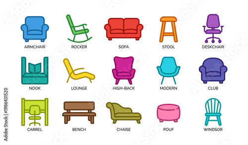 Colorful assortment of furniture icons featuring various chair styles