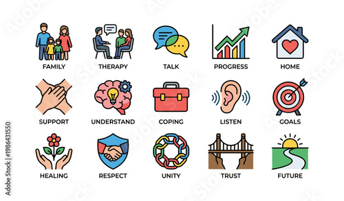 Icons depicting family therapy and personal growth concepts in colorful style