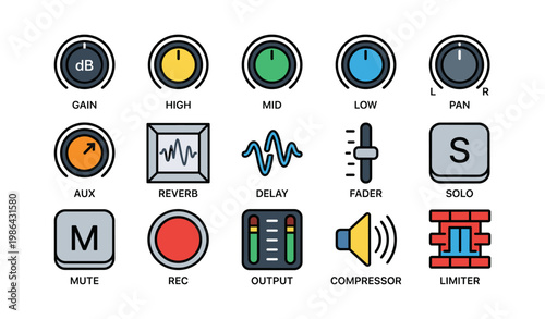 Audio control icons: gain, reverb, delay, fader, compressor, limiter, mute, output