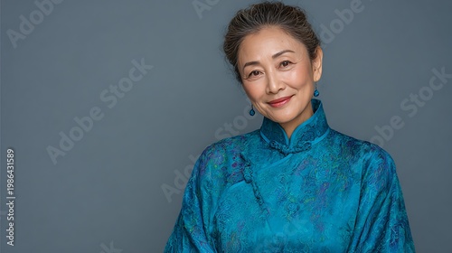 Mature asian woman smiling in a blue patterned silk blouse for a high resolution professional commercial studio portrait with a grey background