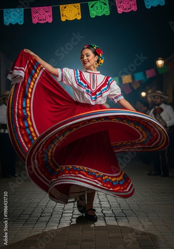 Young Woman in Traditional Dress Dancing on Cobblestone Street