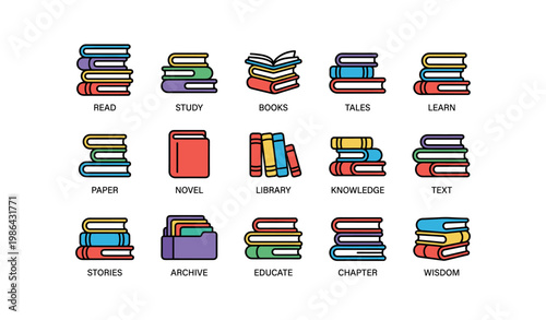 Colorful book icons representing reading and learning concepts in various stack designs