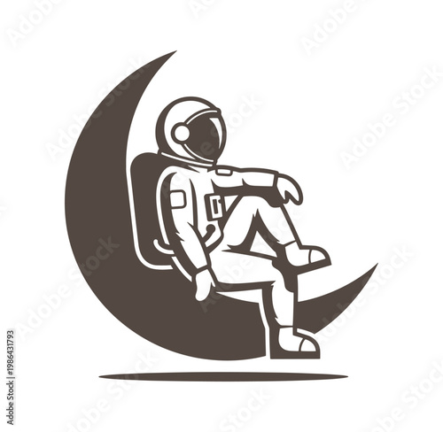 Astronaut sitting on crescent moon in space suit and helmet relaxed  Space and astronomy concept