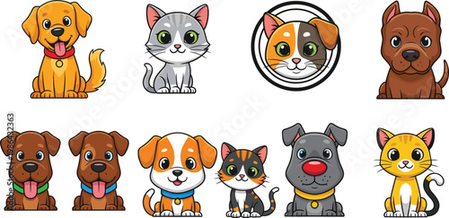 Cartoon Dog and Cat Vector Pack Featuring Cute Pet Companions with Expressive Eyes for Stickers, Children’s Books, and Creative Designs