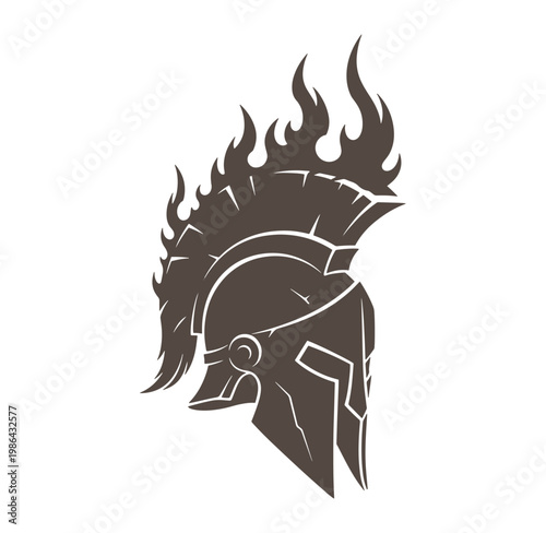 Brown Spartan helmet with flames on top  ancient warrior headgear