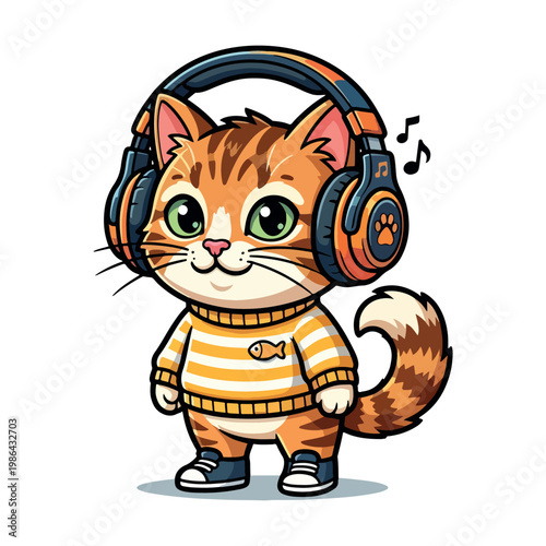 Cute Cartoon Orange Tabby Cat Wearing Headphones and Sweater.
