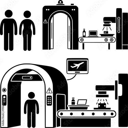 Airport Security Scanner Icon with Metal Detector and Baggage X Ray Checkpoint Silhouette