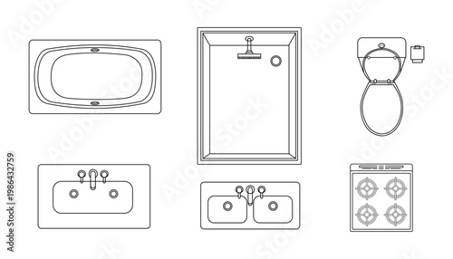 Top view bathroom and kitchen fixture blueprint outline elements including bathtub toilet sink and stove for planning