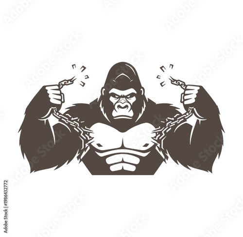 Muscular gorilla breaking chains with aggressive expression on transparent background