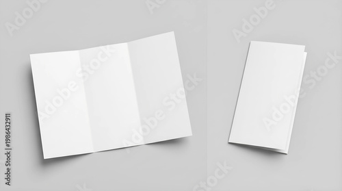 Blank brochure tri-fold mockups on a plain background, showcasing folded and unfolded paper for creative design placement