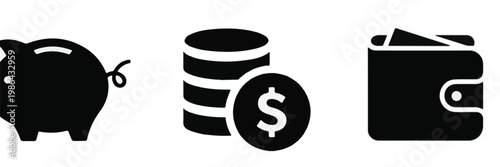 Piggy bank coins and wallet icons on white background Keywords: piggy bank, coins, wallet, money