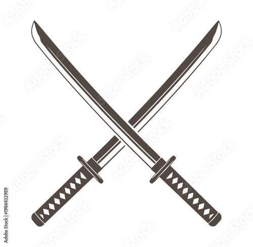 Two crossed samurai swords with brown handles and blades