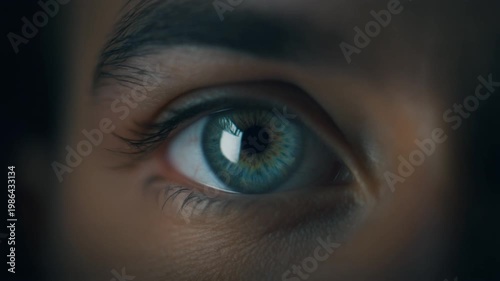 Enthralling extreme macro close-up of a human eye, highlighting the vibrant blue-green iris with a soft light reflection, evoking a sense of profound vision and insight