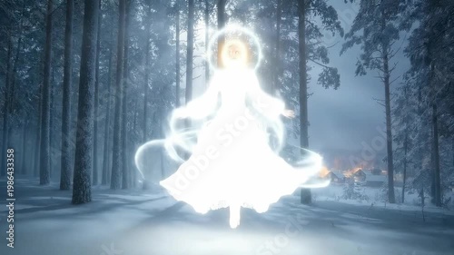 Glowing Angelic Spirit Hovering in Snowy Winter Forest