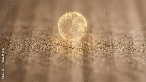 Holographic wireframe Earth globe on textured surface. Digital planet model with glowing continents. Global technology connectivity and environmental awareness concept