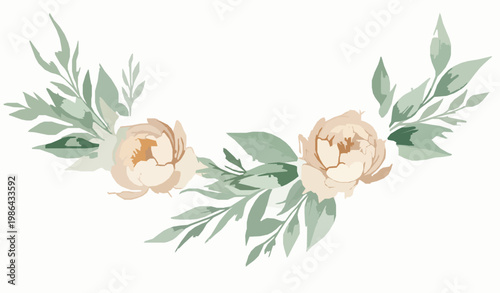 Elegant watercolor peony arrangement with soft neutral leaves and airy botanical composition vector illustration isolated on white